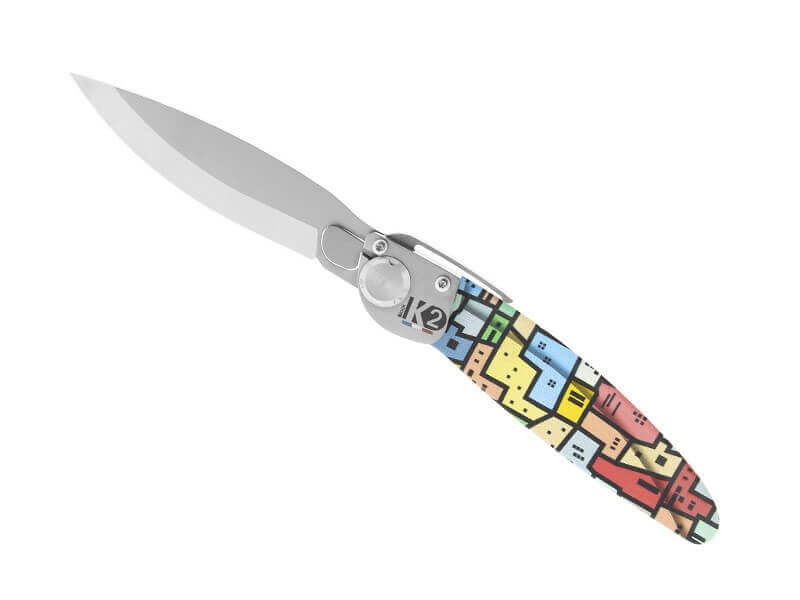 Couteau pliant K2.16M manche acier décor imprimé 3D favelas 11,5cm