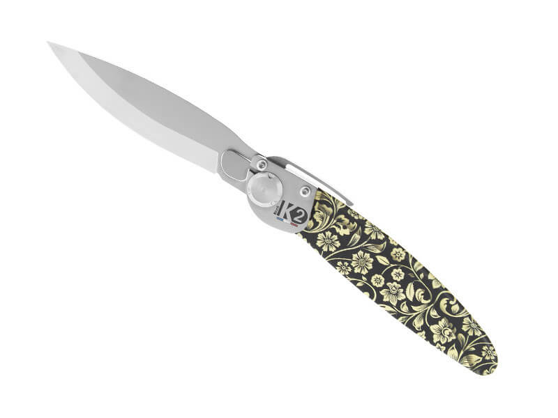 Couteau pliant K2.18M manche acier décor imprimé 3D floral 11,5cm