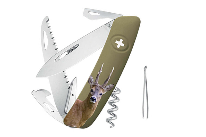 Couteau multifonction SWIZA D05 olive chevreuil 12 fonctions 95mm