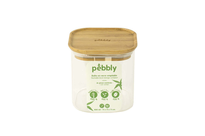 Boîte de conservation haute et carrée en verre Pebbly avec couvercle en bambou - 0,8 l - 0,5 l