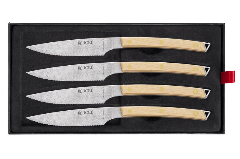 Coffret 4 couteaux à steak Icel lame dentelée 11cm manche incurvé bois d'érable