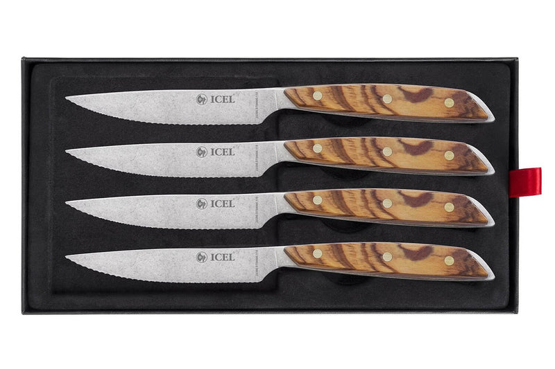 Coffret 4 couteaux à steak Icel lame dentelée 11cm manche droit bois d'olivier