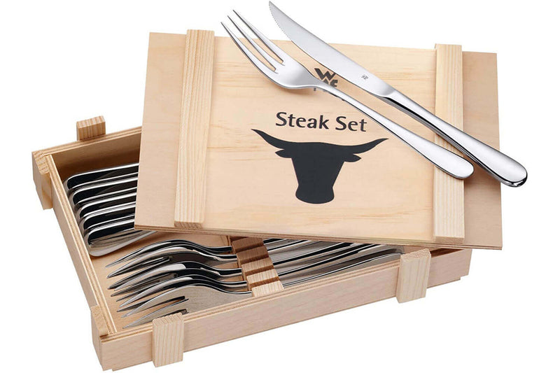 Coffret 6 couteaux à steak + 6 fourchettes WMF Holzkass en acier inox 18/10 Cromargan