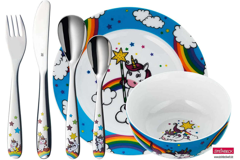Coffret repas enfants WMF Licorne acier inox 18/10 et porcelaine