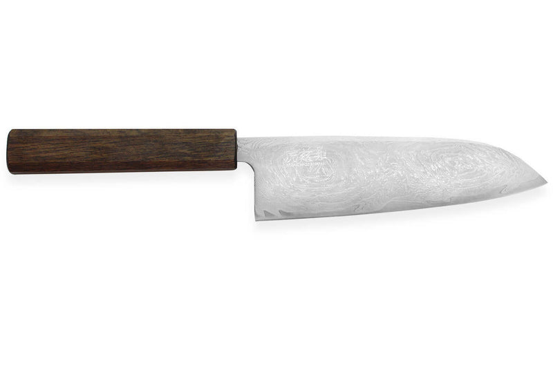Couteau santoku japonais artisanal Wusaki Unagi AUS10 damas 16,5cm manche chêne
