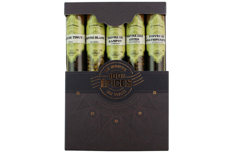 Coffret d'épices Le Monde en Tube Poivres du monde 5 saveurs