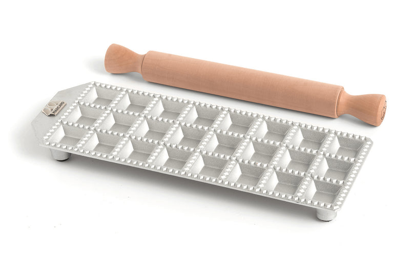 Moule à raviolis Marcato Classic 24 empreintes carrées + mini rouleau en bois
