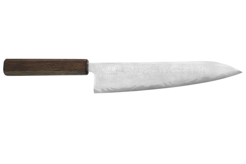 Couteau de chef japonais artisanal Wusaki Unagi AUS10 damas 21cm manche chêne