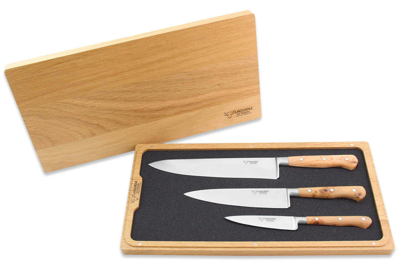 Coffret de 3 couteaux en genévrier Laguiole en Aubrac : Office + Universel + Chef