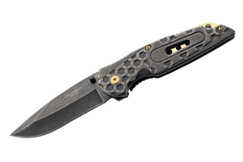 Couteau pliant Herbertz 584612 manche avec index cranté stonewashed sombre tout inox 12cm