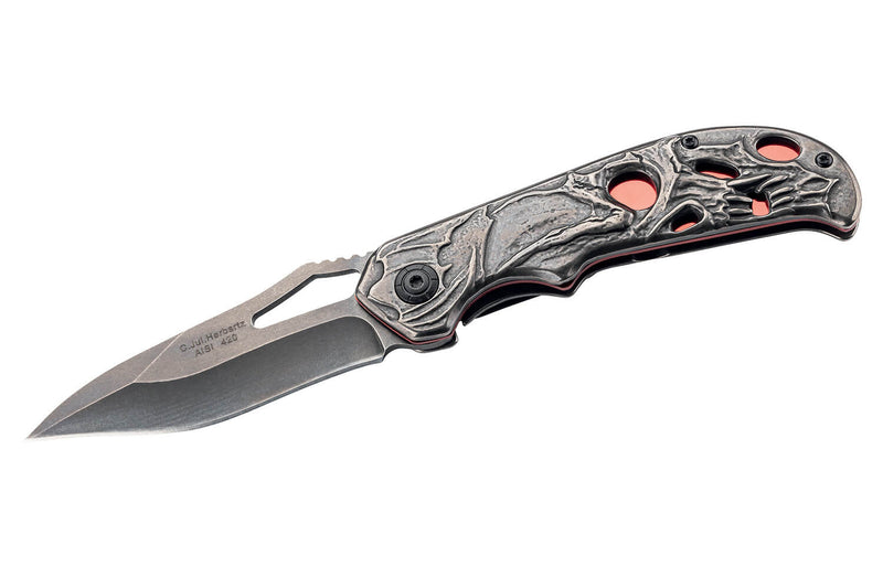 Couteau pliant Herbertz 591912 tout acier inox stonewashed décor tête de mort 11,8cm