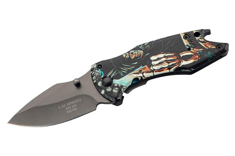 Couteau pliant Herbertz 592709 tout inox motif "Grim Reaper" la grande faucheuse 9cm + décapsuleur