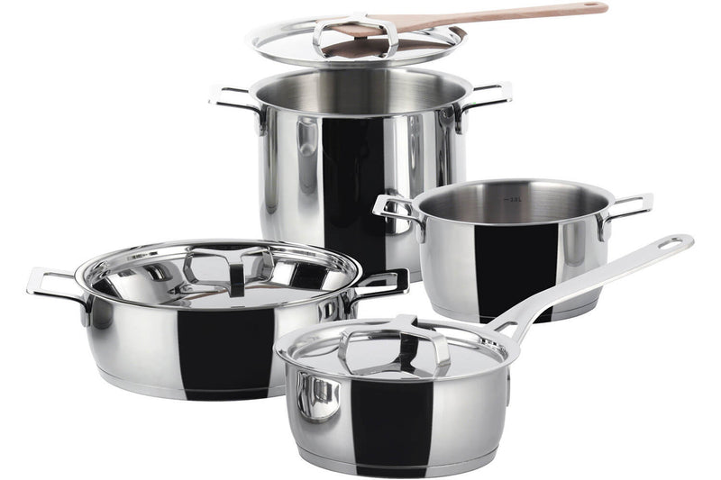 Batterie de cuisine Alessi Pots&Pans 7 pièces tout inox 18/10 design par Jasper Morrison