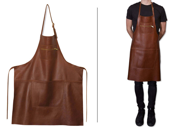 Tablier de cuisine DutchDeluxes en cuir avec poche à zip - Marron