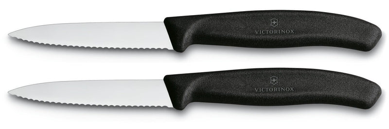 2 Couteaux d'office Victorinox noirs lame à dents 8cm pointe milieu