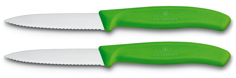 2 Couteaux d'office Victorinox verts lame à dents 8cm pointe milieu