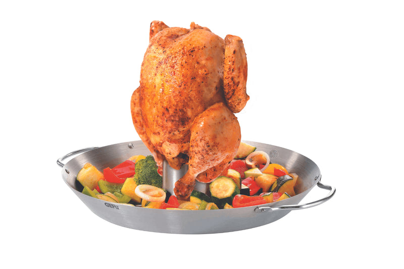 Rôtissoire à poulet et wok pour légumes Gefu en acier inox et poignée en bois diamètre 36cm