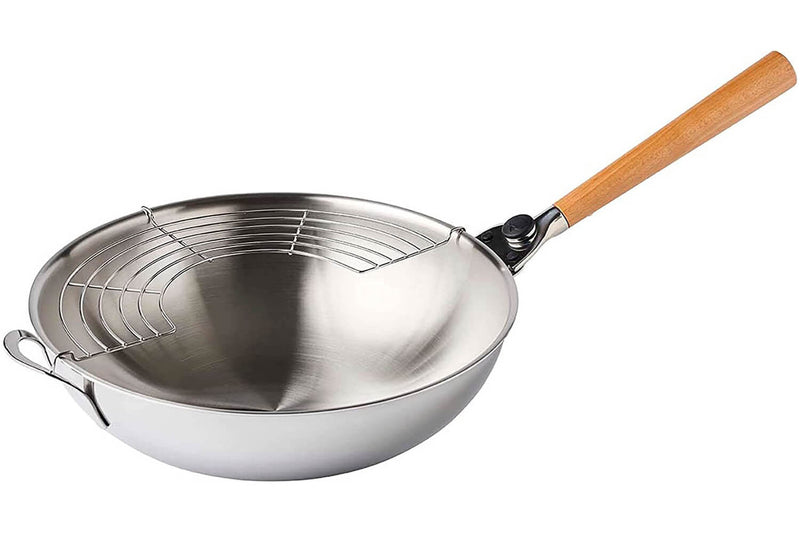 Wok Mastrad O'Wok Gourmet en acier inoxydable avec poignée amovible et grille