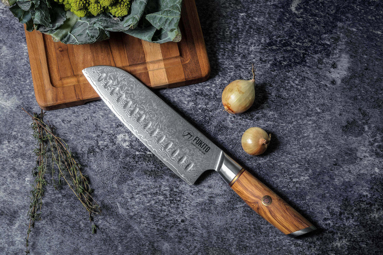 Couteau santoku Fukito Olive Damas alvéolé 14Cr 18cm