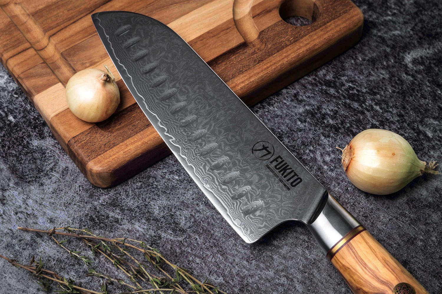 Couteau santoku Fukito Olive Damas alvéolé 14Cr 18cm