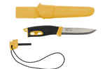 Couteau Mora Companion Spark 13573 lame inox 10,4cm manche caoutchouc jaune sable avec pierre à feu et cordon + étui