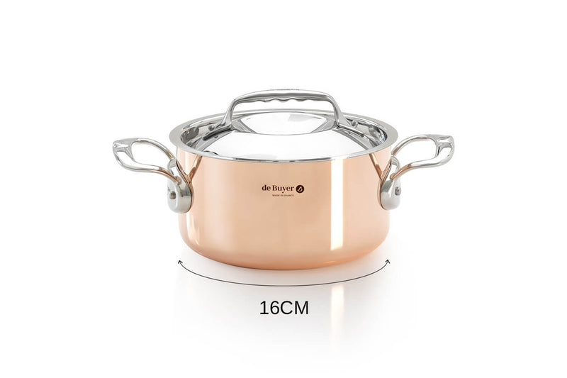 Faitout en cuivre inox De Buyer Prima Matera compatible induction anses en inox avec couvercle - 16cm