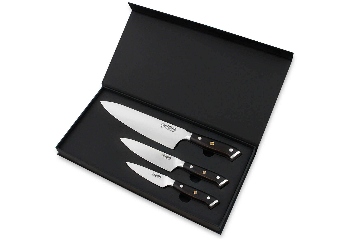Coffret 3 couteaux Fukito Ebène X50 Chef + Universel + Office