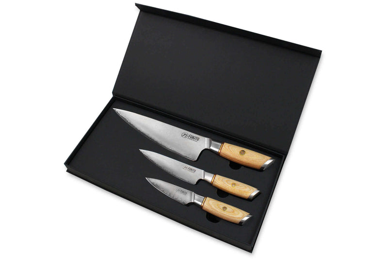 Coffret 3 couteaux Fukito Pakka San Mai Chef + Universel + Office