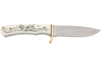 Couteau Herbertz 596210 lame 10,3cm manche ivoirine motif canard scrimshaw + étui en cuir