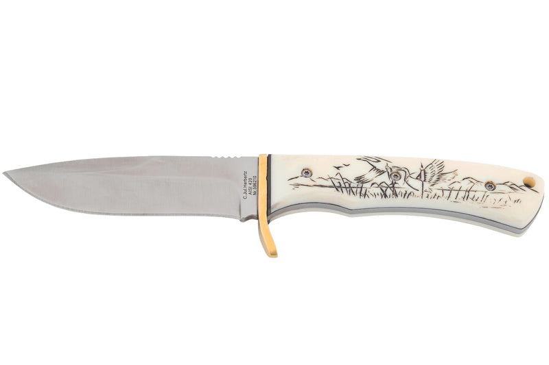 Couteau Herbertz 596210 lame 10,3cm manche ivoirine motif canard scrimshaw + étui en cuir