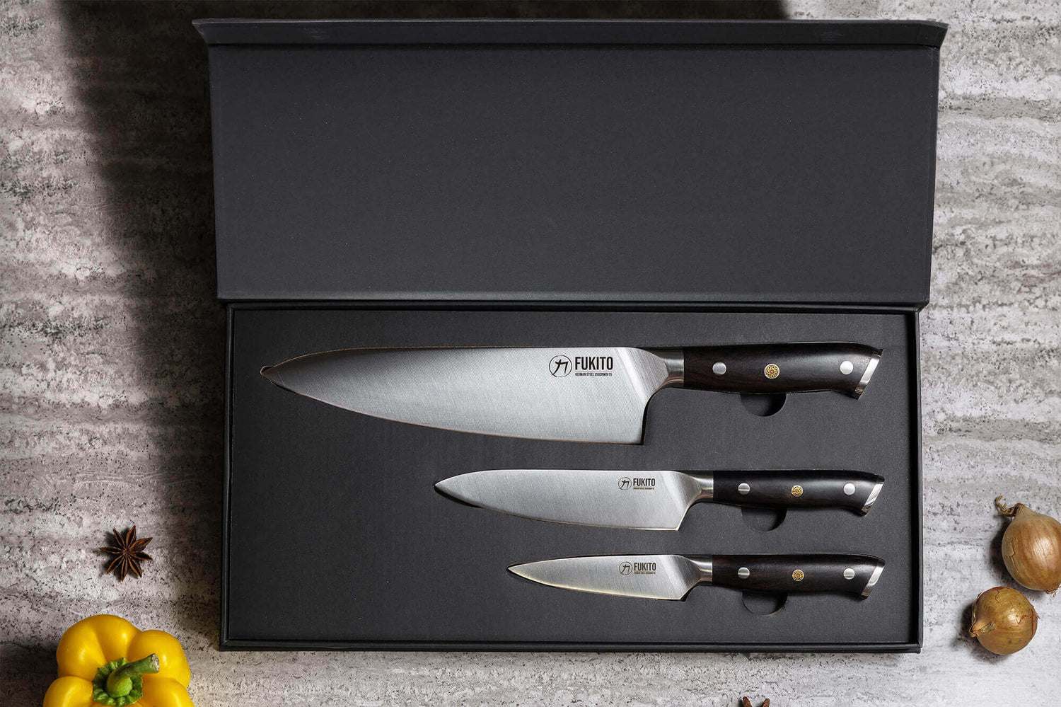 Coffret 3 couteaux Fukito Ebène X50 Chef + Universel + Office