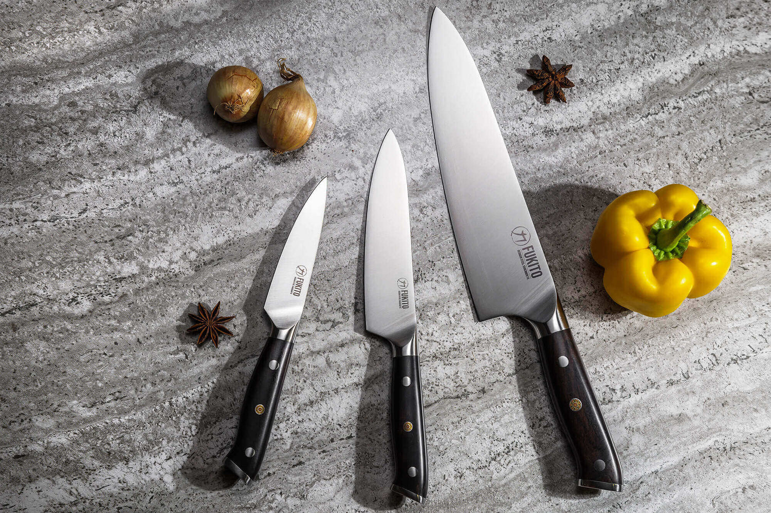 Coffret 3 couteaux Fukito Ebène X50 Chef + Universel + Office