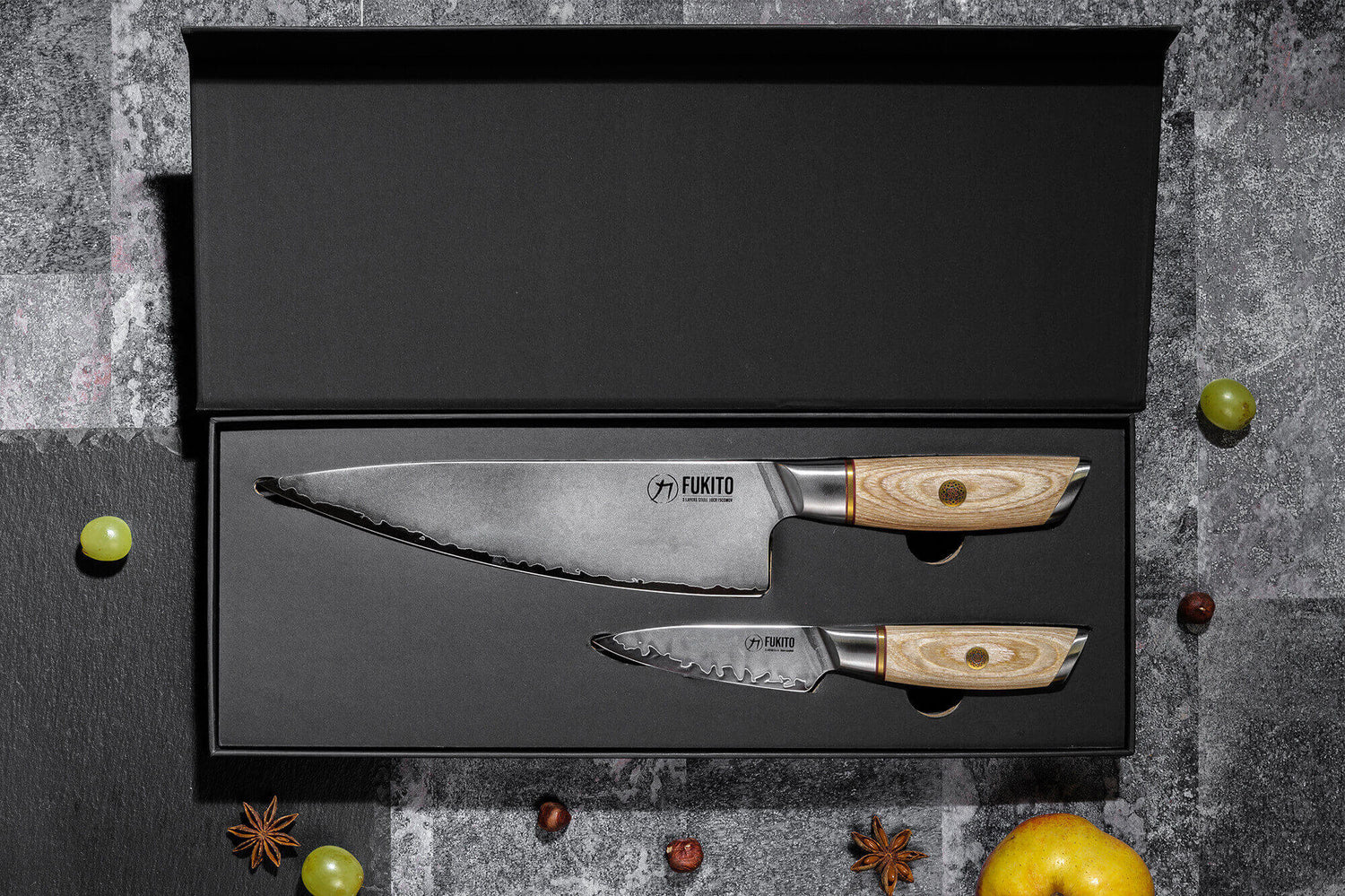 Coffret 2 couteaux Fukito Pakka San Mai Chef + Office
