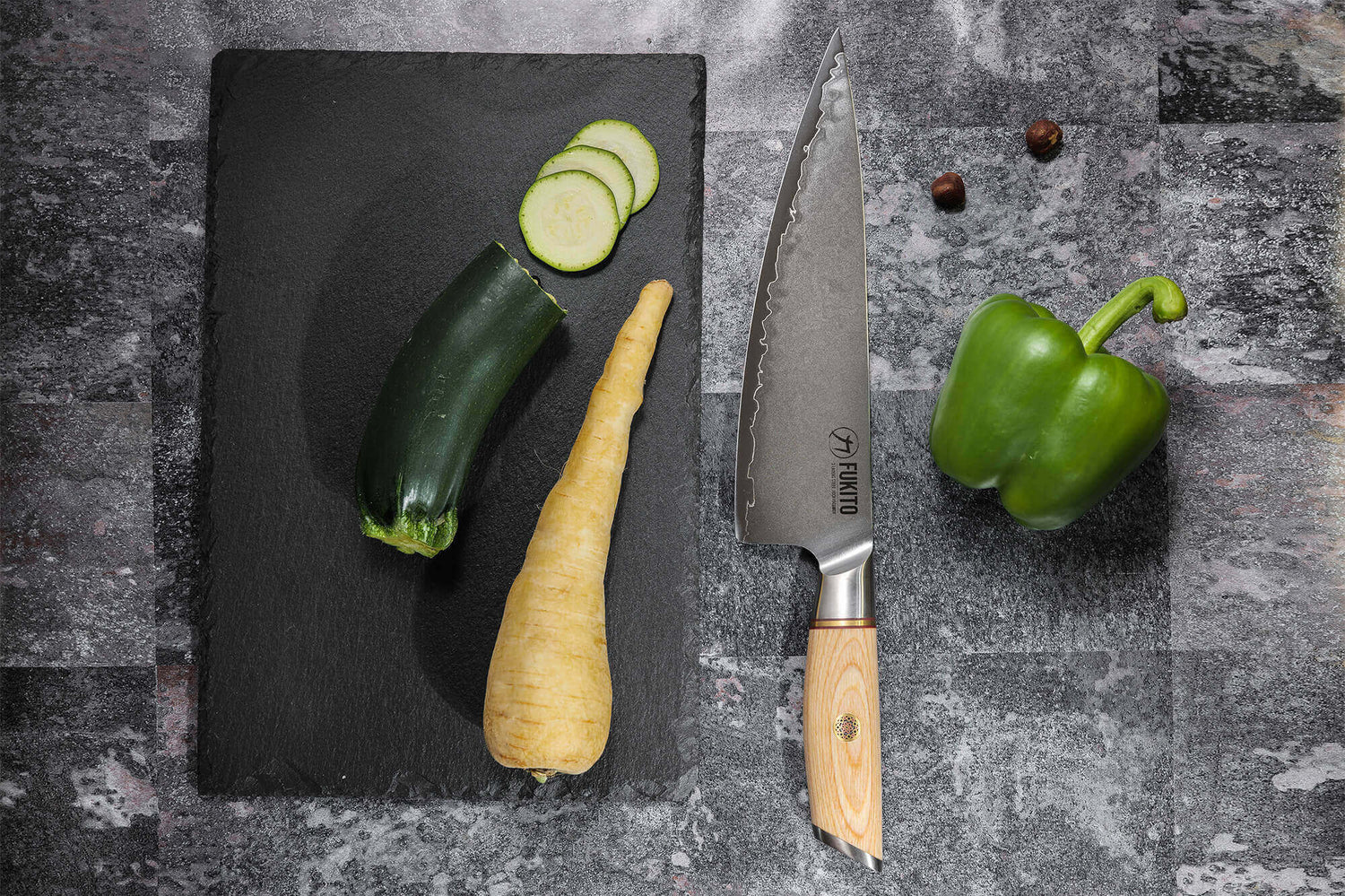 Coffret 3 couteaux Fukito Pakka San Mai Chef + Universel + Office