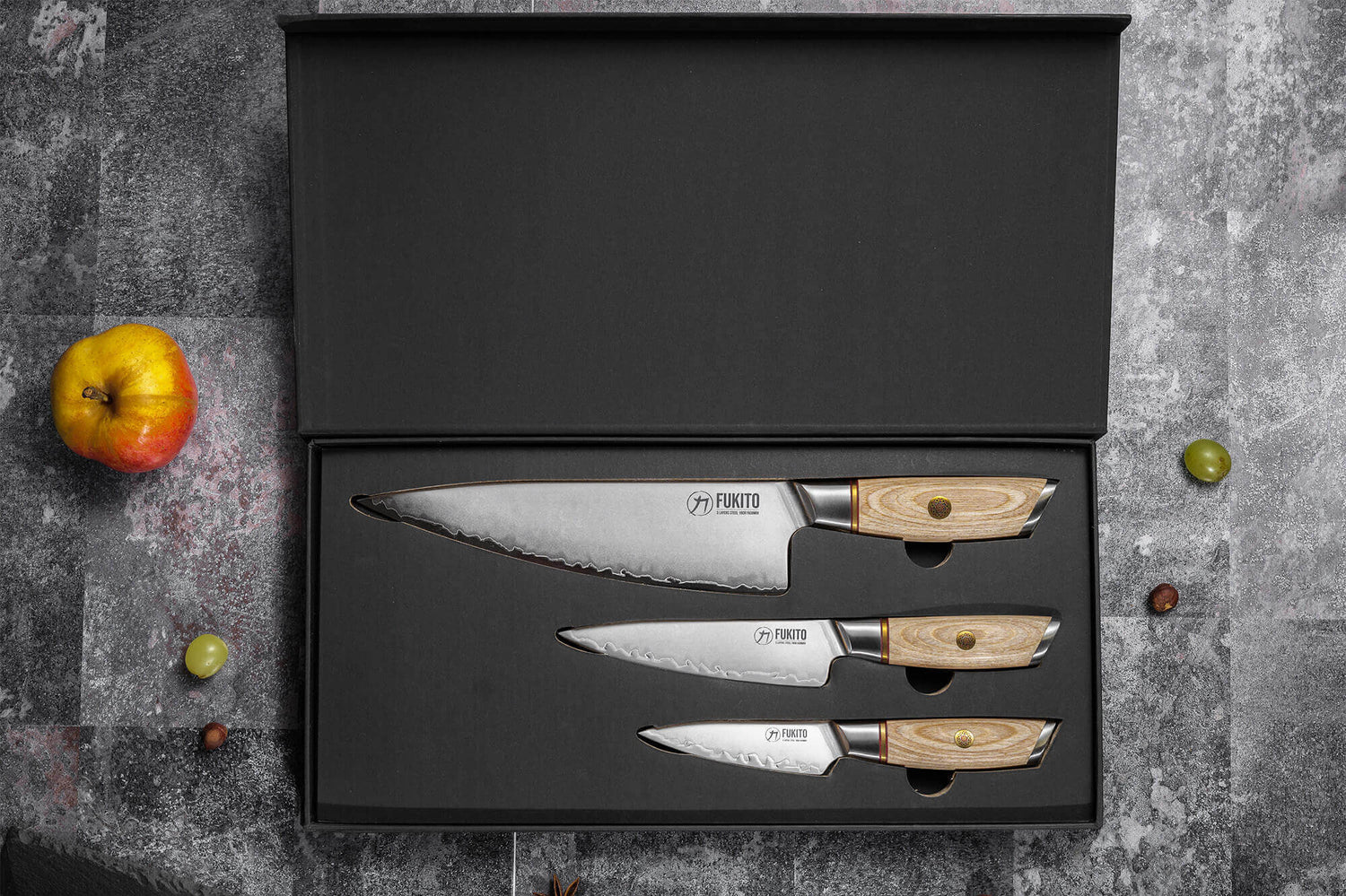 Coffret 3 couteaux Fukito Pakka San Mai Chef + Universel + Office