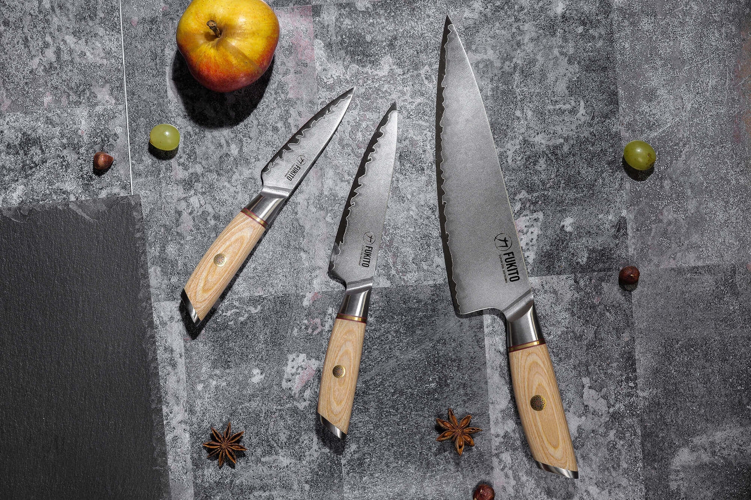 Coffret 3 couteaux Fukito Pakka San Mai Chef + Universel + Office