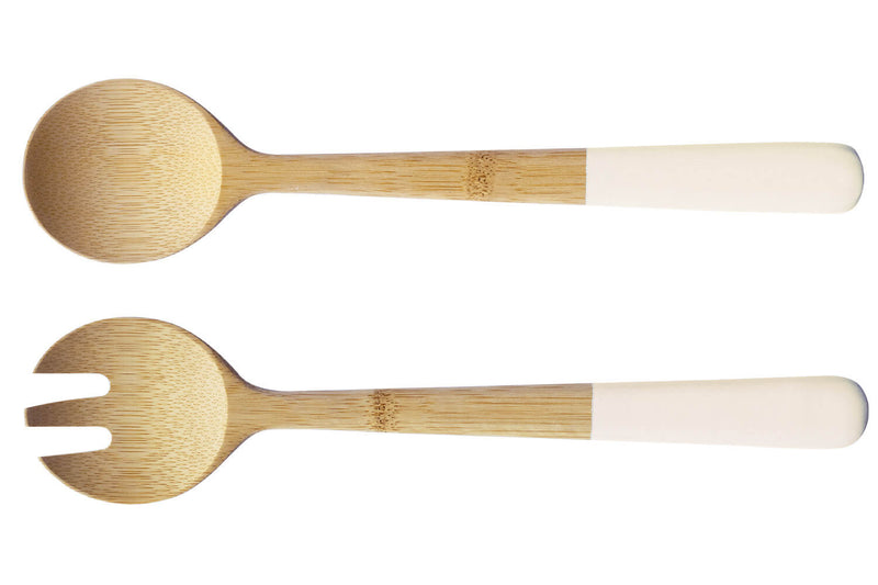 Couverts à salade Pebbly 29cm en bambou manche blanc