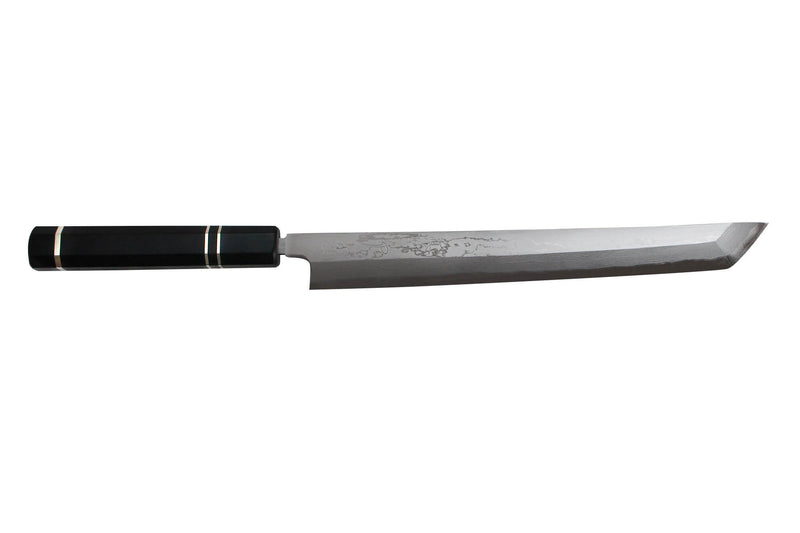 Couteau sakimaru takohiki japonais artisanal Naoki Mazaki Damascus biseauté 27cm