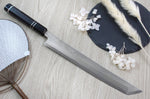 Couteau sakimaru takohiki japonais artisanal Naoki Mazaki Damascus biseauté 27cm