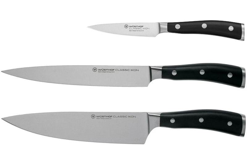 Coffret 3 couteaux Wüsthof Classic Ikon forgés - office 9cm + tranchelard 20cm + chef 20cm
