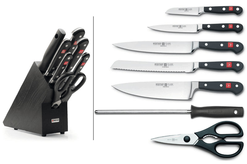 Bloc cuisine Wusthof Classic noir 7 pièces - 5 couteaux + 1 fusil et une paire de ciseaux