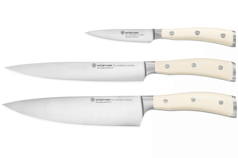 Coffret 3 couteaux Wüsthof Classic Ikon blanc forgés - office 9cm + tranchelard 20cm + chef 20cm