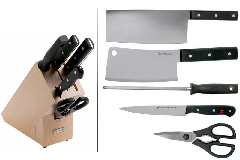 Bloc Wüsthof Gourmet 5 pièces - 3 couteaux + 1 fusil et une paire de ciseaux
