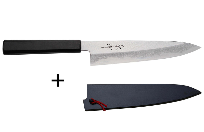 Couteau de chef japonais artisanal Kagekiyo Yoshikazu Tanaka Damas Aogami 21cm + Saya