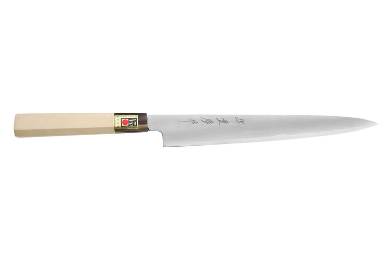 Couteau sujihiki japonais artisanal Kasahara Shigehiro forgé par Yoshikazu Ikeda 24cm