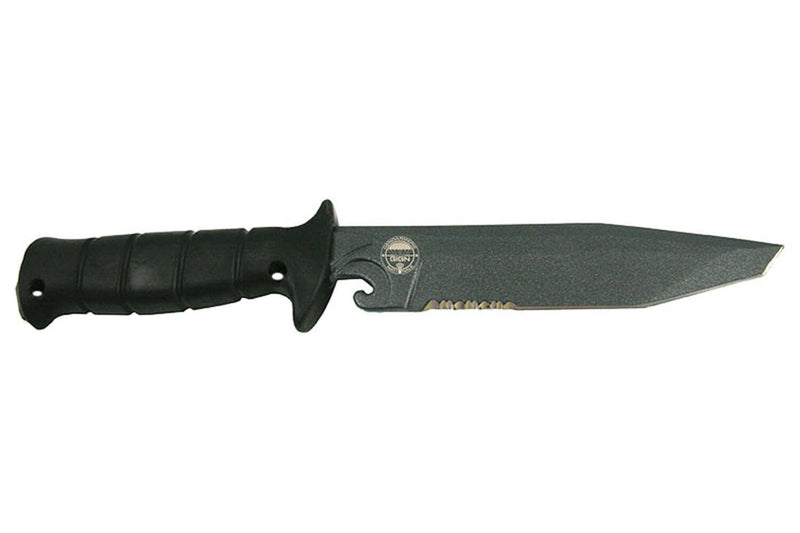 Couteau Wildsteer Wing-Tactic WING6213 lame semi-dentée 12,5cm logo GIGN manche kraton noir + brise-vitre + étui POM + malette