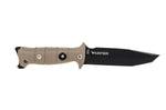 Couteau de survie Wildsteer Tork lame noire semi-dentée 13,3cm manche Tactiprène marron avec brise-vitre + étui + pierre à feu