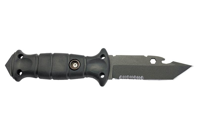 Couteau Wildsteer Spike SPI3213 lame tanto semi-dentée 9,5cm manche tactiprène noir + pommeau brise-vitre + étui nylon