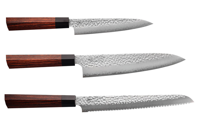 Coffret de 3 couteaux japonais Kanetsugu Heptagon Uto universel, chef et pain