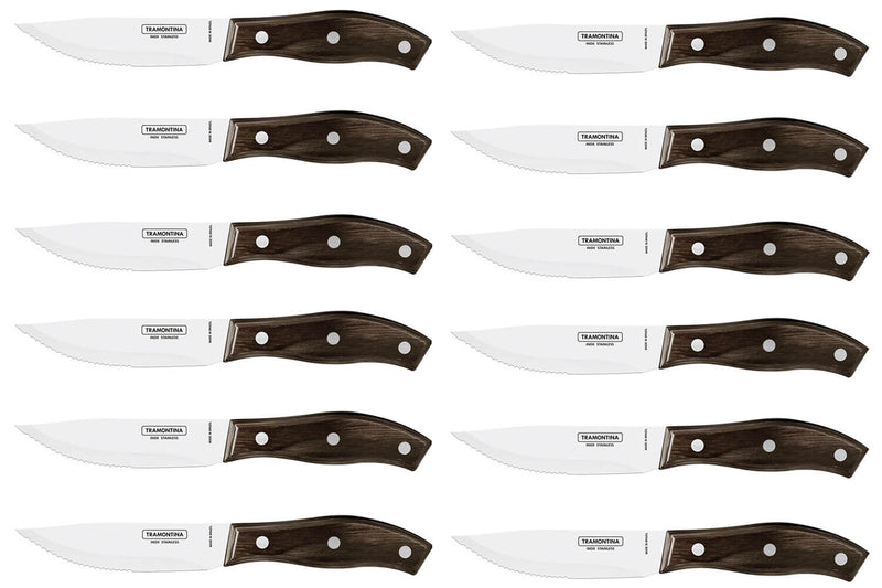 Set de 12 couteaux à steak Tramontina Jumbo lame 13cm manche bois marron